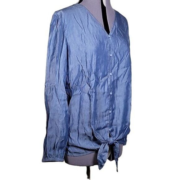 NWOT Denim & Co. Lightweight Denim Button-Front Tie Waist Top Sz M - Picture 2 of 13